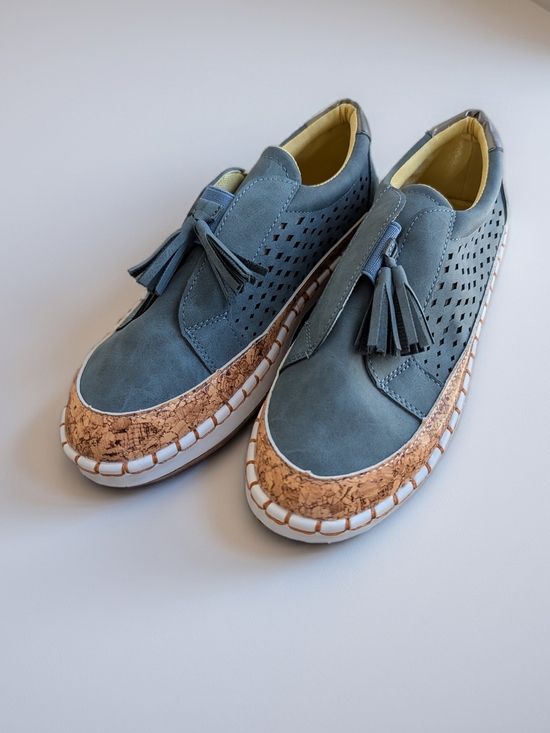 None Shoes - Women’s Suede Blue Tassel Slip-On Loafers with Cork Trim